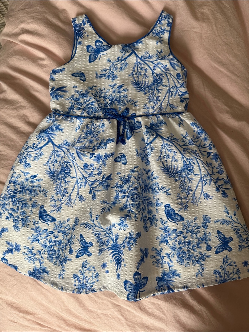 Baby White Dress with Blue Floral & Butterfly Print - Sleeveless Formal Dress